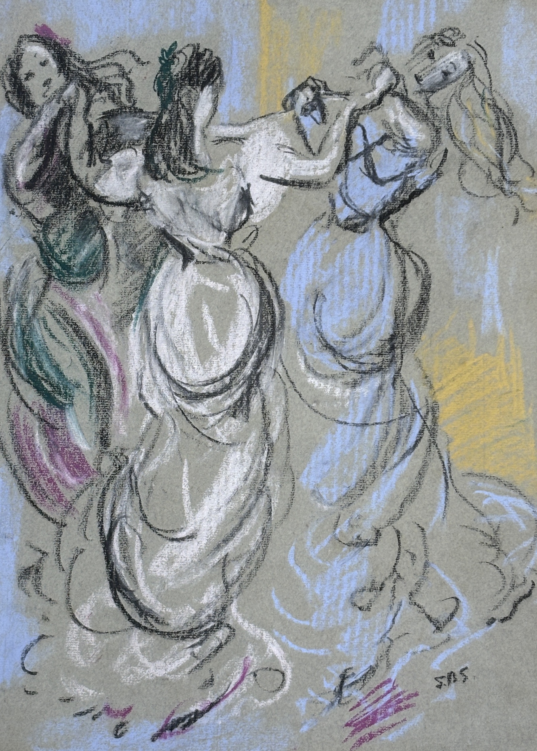Elinor Bellingham-Smith (1906-1988), chalk on paper, 'Three dancers', signed with initials, inscribed verso, 40 x 30cm, Provenance: The artist's family coloured chalks, studio stamp